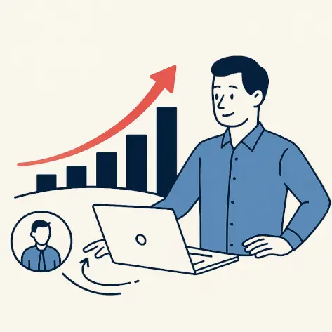 A flat-style digital illustration shows a man in a blue shirt standing beside a laptop, guiding a red upward arrow across a bar graph of increasing height. A circular icon with a user avatar and directional arrows suggests collaboration or client onboarding. The design uses clean lines and minimal color against a soft off-white background, conveying strategic growth and guided process.